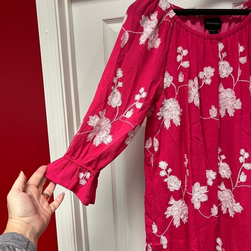 LIV Los Angeles Pink & White Floral Embroidered Off the Shoulder Dress sz L - Picture 2 of 8